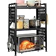 loyalKBS 3 Tier Shelf Extendable Microwave Oven Rack Adjustable Bakers Rack for Kitchens Countertop Organizer Shelf with 4 Hooks and Pot Lid Support, Black