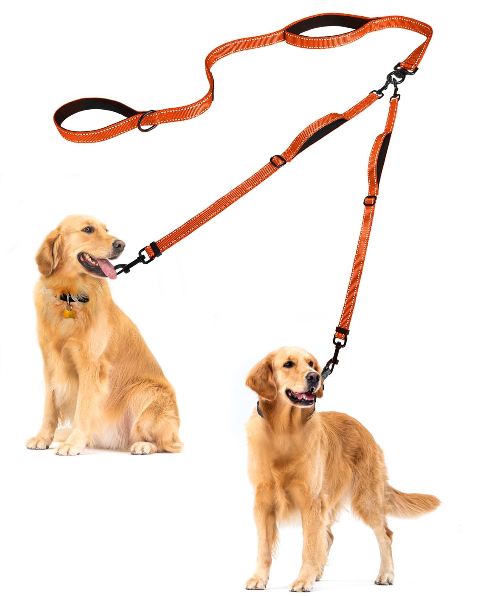 PetBonus Double Dog Leash, No Tangle Dual Leash, Reflective Walking Training Lead, 4 Comfortable Padded Handles for 2 Dogs with Collapsible Bowl and Waste Bags (Orange, Large)