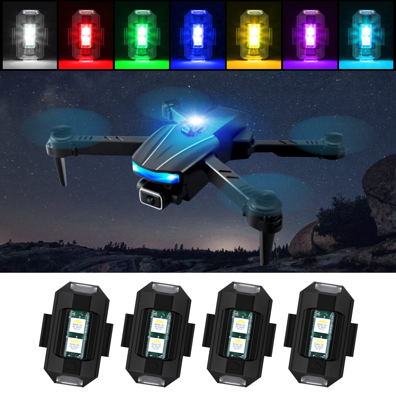 4Pcs Wireless Motorcycles LED Aircraft Strobe Lights & Mini Usb Charging, 7 Colors -31 Lighting Modes, Warning Anti-collision Night Flying Signal Safety Strobe Light for Drone Flashing, Cars, Bike