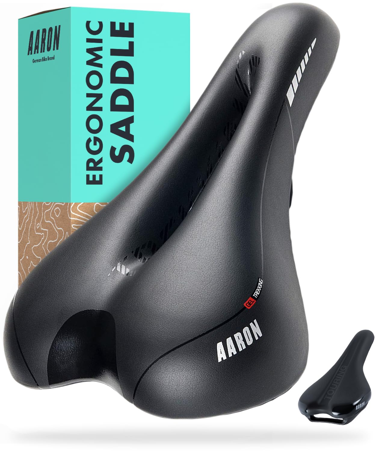 AARON - Trekking Bike Saddle with Gel Padding - Shock-absorbing, Ergonomic and Comfortable - For Men and Women - Seat for E-bike, Trekking Bike, Mountain Bike, Touring Bike - Black