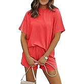 MARZXIN Women 2 Piece Shorts Set 2026 Casual Summer Cruise Outfits Ribbed Loose Short Sleeve Pocket Matching Lounge Sets