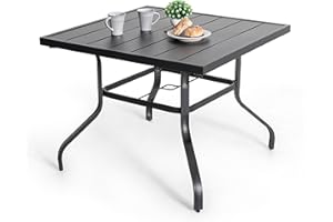 NUU GARDEN 37" Outdoor Patio Table, 4 Person Steel Slat Square Dining Table with 1.57" Umbrella Hole, Slatted Top and Powder Coated Iron Frame for Patio, Garden and Balcony, Black