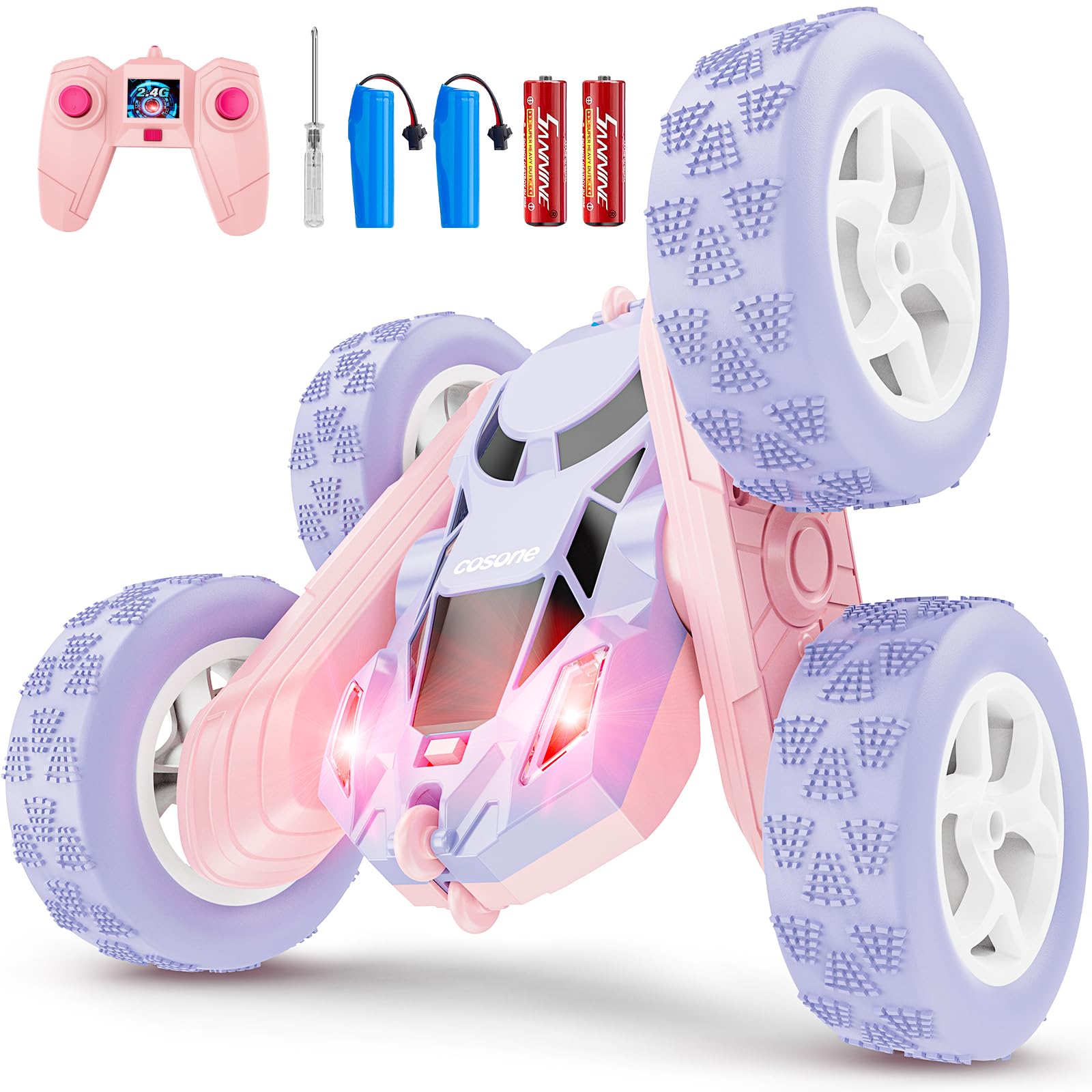 cosone Remote Control Car RC Cars for Kids Toys Rechargeable 360° Rotating 2.4Ghz RC Stunt Car for Kids Birthday Gift for 6 Years Old Girls Toys 6 7 8 9 10 Years Old Girl Gift Ideas (Pink&Purple) Image