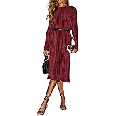 R.Vivimos Satin Elegant Midi Dresses for Women Long Sleeve Pleated Loose Silky Cocktail Wedding Guest Evening Party Dresses