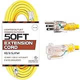 50 Foot Lighted Outdoor Extension Cord - 10/3 SJTW Yellow 10 Gauge Extension Cable with 3 Prong Grounded Plug for Safety - Gr