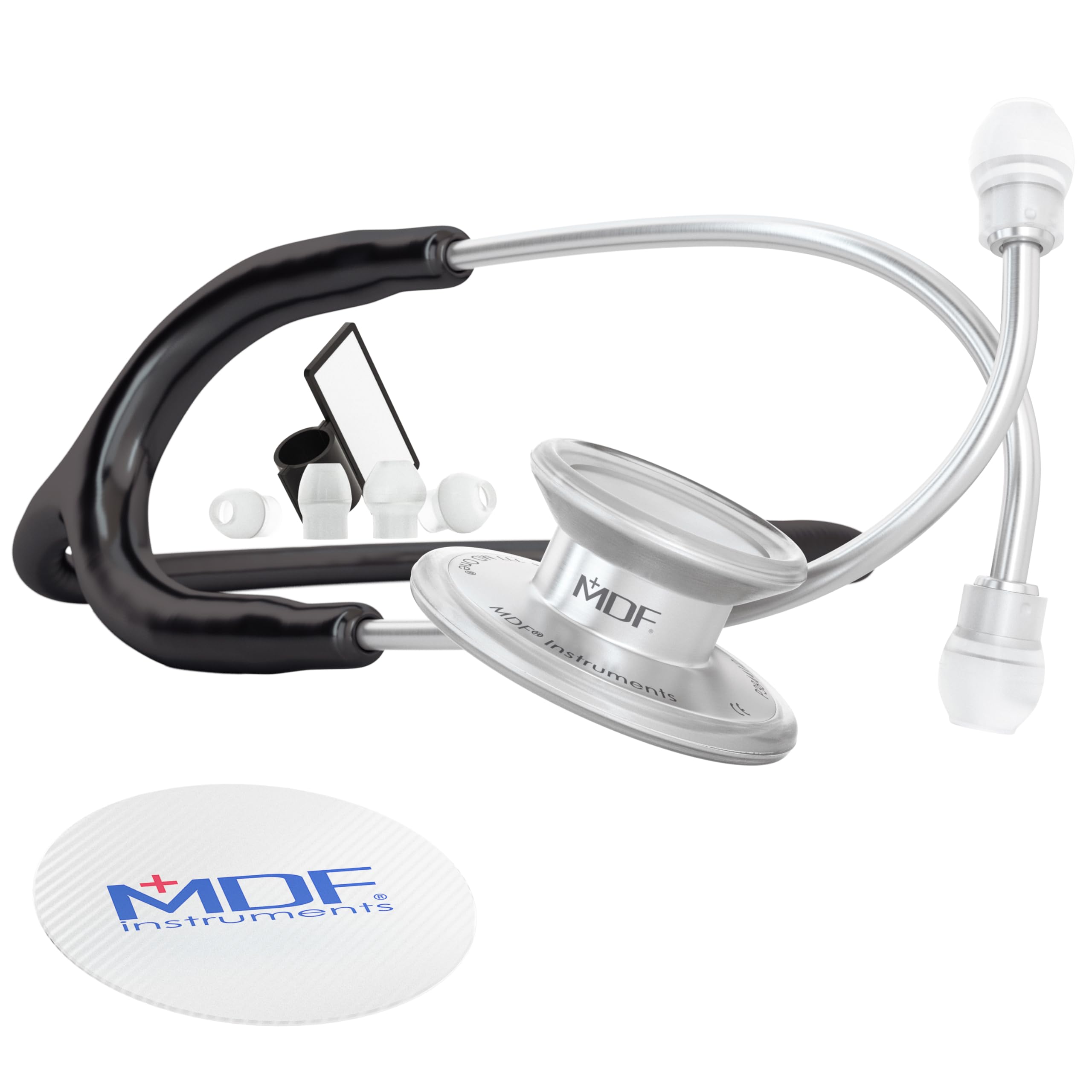 MDF Instruments, MD One Stainless Steel Stethoscope, Adult, Black Tube, Silver Chestpieces-Headset, MDF77711 โ image 1