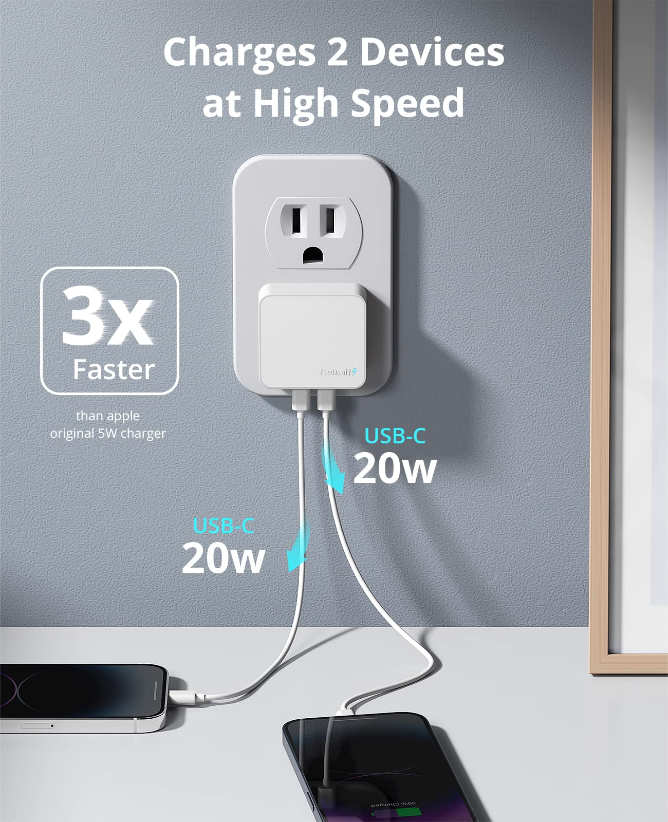 Nekmit Dual Port USB C Wall Charger, 40W PD Fast Charging USB C Wall Plug Adapter, Flat Thin Slim Charger Block for iPhone 14/14 Pro/14 Pro Max, Galaxy, MacBook Air, iPad, AirPods and More