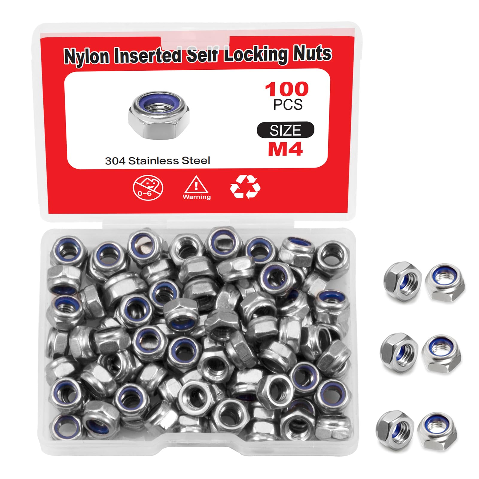 LEONTOOL 100 Pcs M4 x 0.7mm Nylon Inserted Self Locking Nuts Hex Lock Nuts Assortment 304 Stainless Steel Self Clinching Nuts Finish Hex Lock Nut Plain Finish Inserted Hex with Storage Box