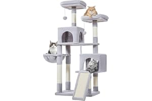 Taoqimiao 56.3-Inch Cat Tree, Cat Tower with Scratching Posts, Cat Tree House for Indoor Cats with hammocks, Toys, Condo and Large Scratch Board, Light Gray MS012W