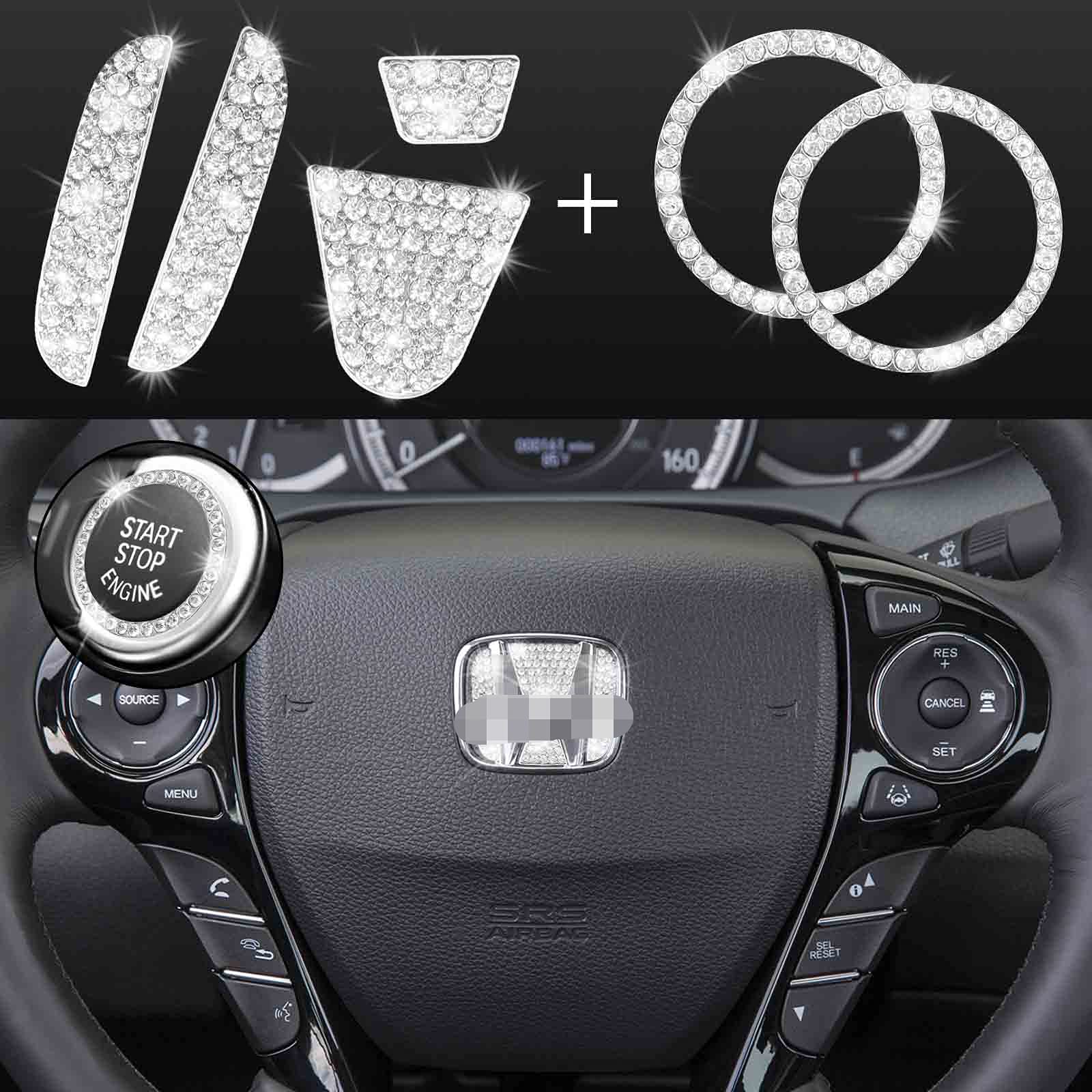 JINGSEN Bling Steering Wheel Accessories Compatible with Honda Accessories Parts Bling Civic Accord Fit CRV HRV Pilot Odyssey Clarity Covers Interior Decoration Trim Women 3D Rhinestone Decals Cover