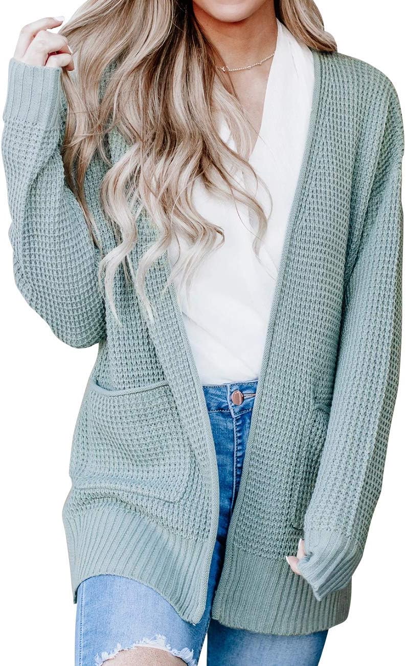 Women's Long Sleeve Open Front Waffle Knit Sweater Cardigans Coat Outwear with Pockets