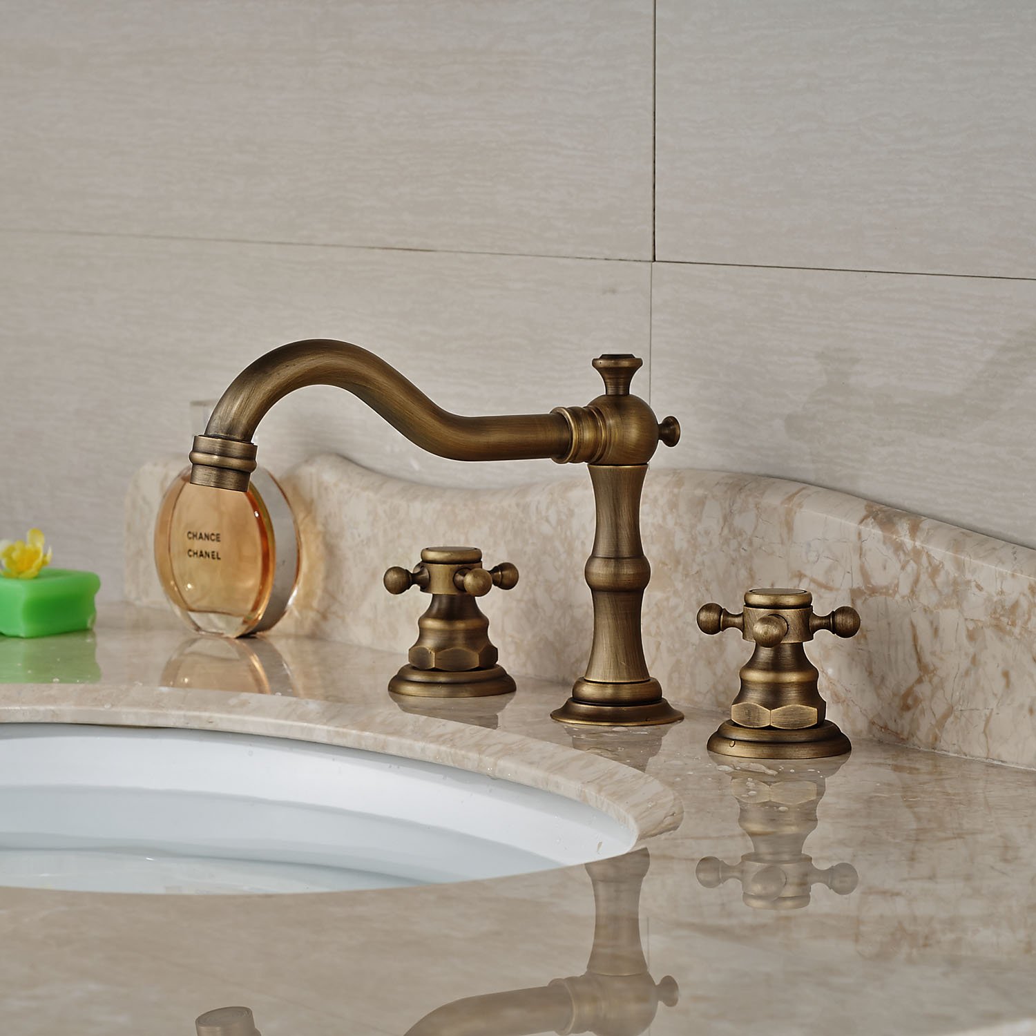 Rozin Antique Brass Widespread 3 Holes Bathroom Sink Faucet 2 Cross