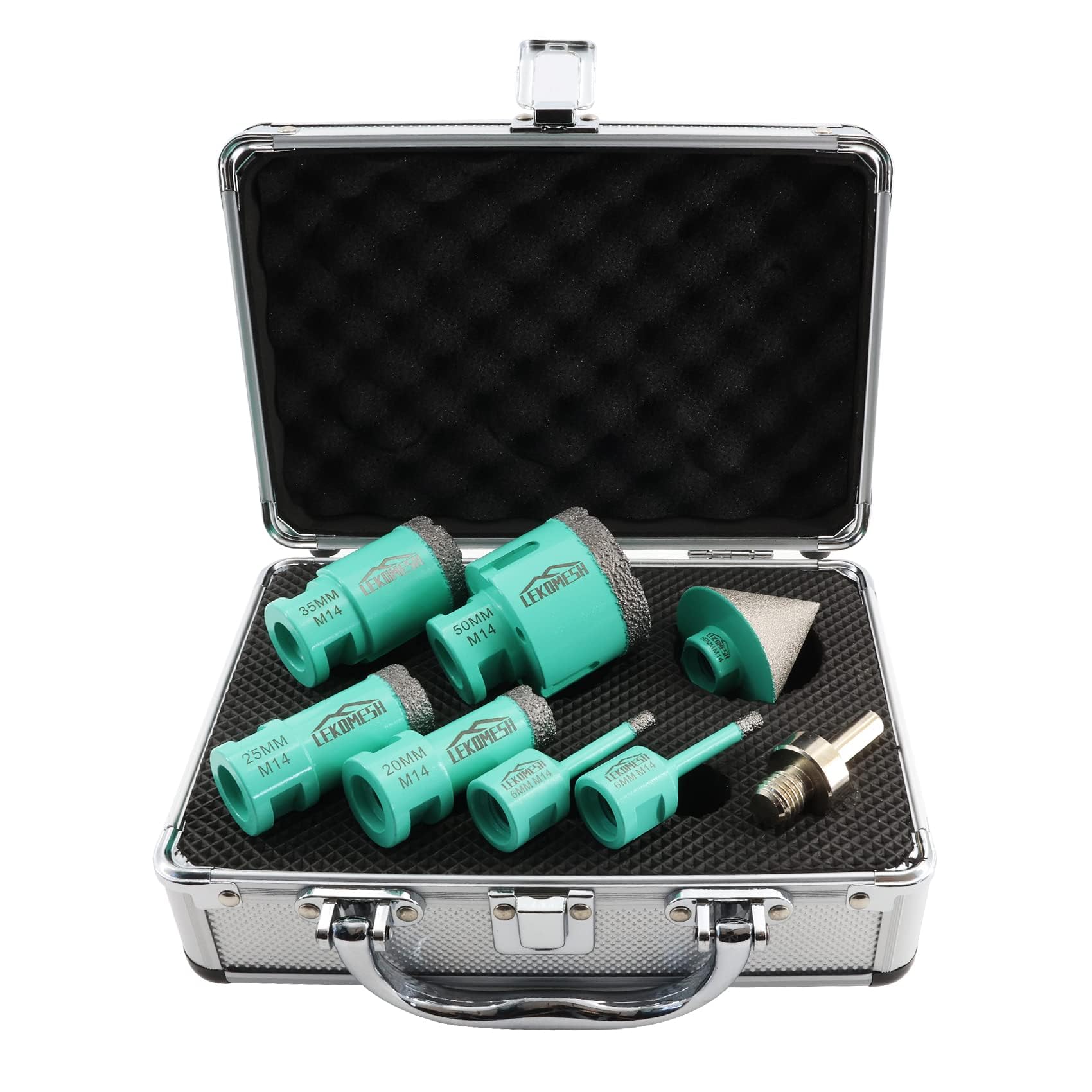 Diamond Core Drill Bits Kit - 8pcs (6/6/20/25/35/50mm+50mm Beveling Chamfer Bit+Adapter) LEKOMESH Tile Hole Saw Kit for Porcelain Tile Ceramic Granite Marble Masonry Stone — image 1