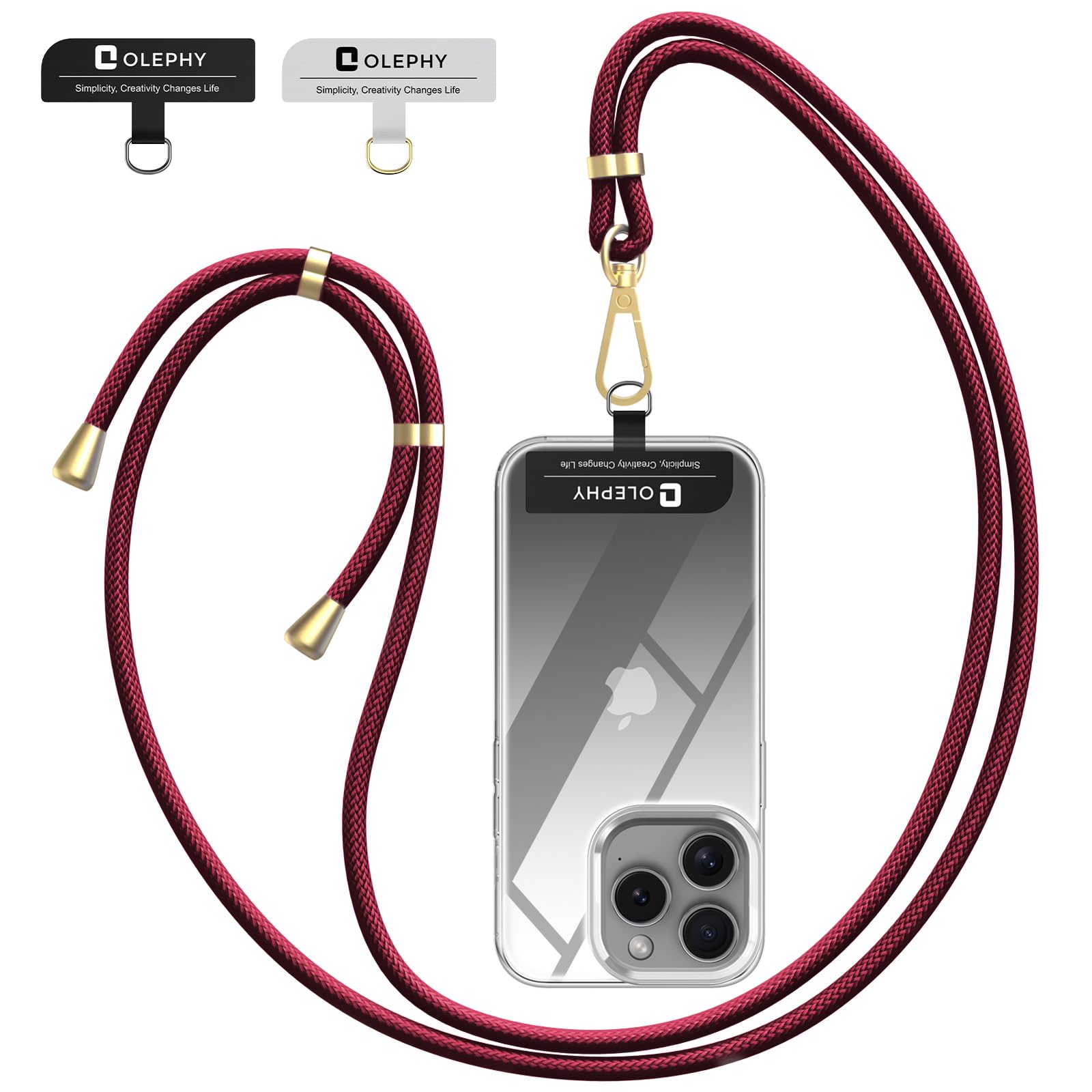 OLEPHY Crossbody Phone Lanyard Strap with 2 Pack Patchs, Adjustable Universal Nylon Neck Strap Compatible with Most Smartphones, Wine Red