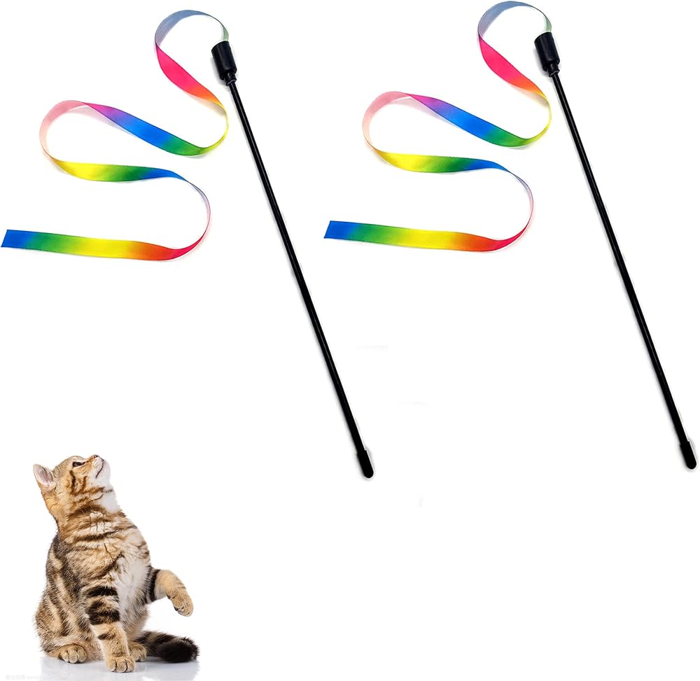 Cretty-Meet 2pcs Cat Wand Interactive Toy Rainbow Ribbon Teaser