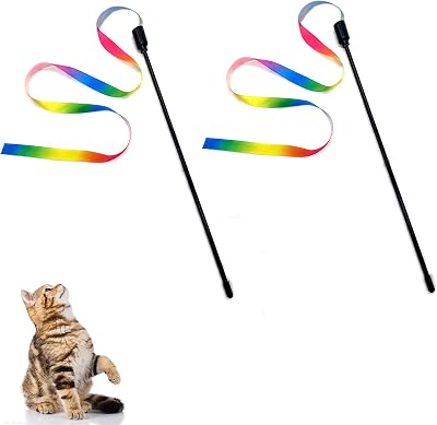 Cretty-Meet 2pcs Cat Wand Interactive Toy Rainbow Ribbon Teaser