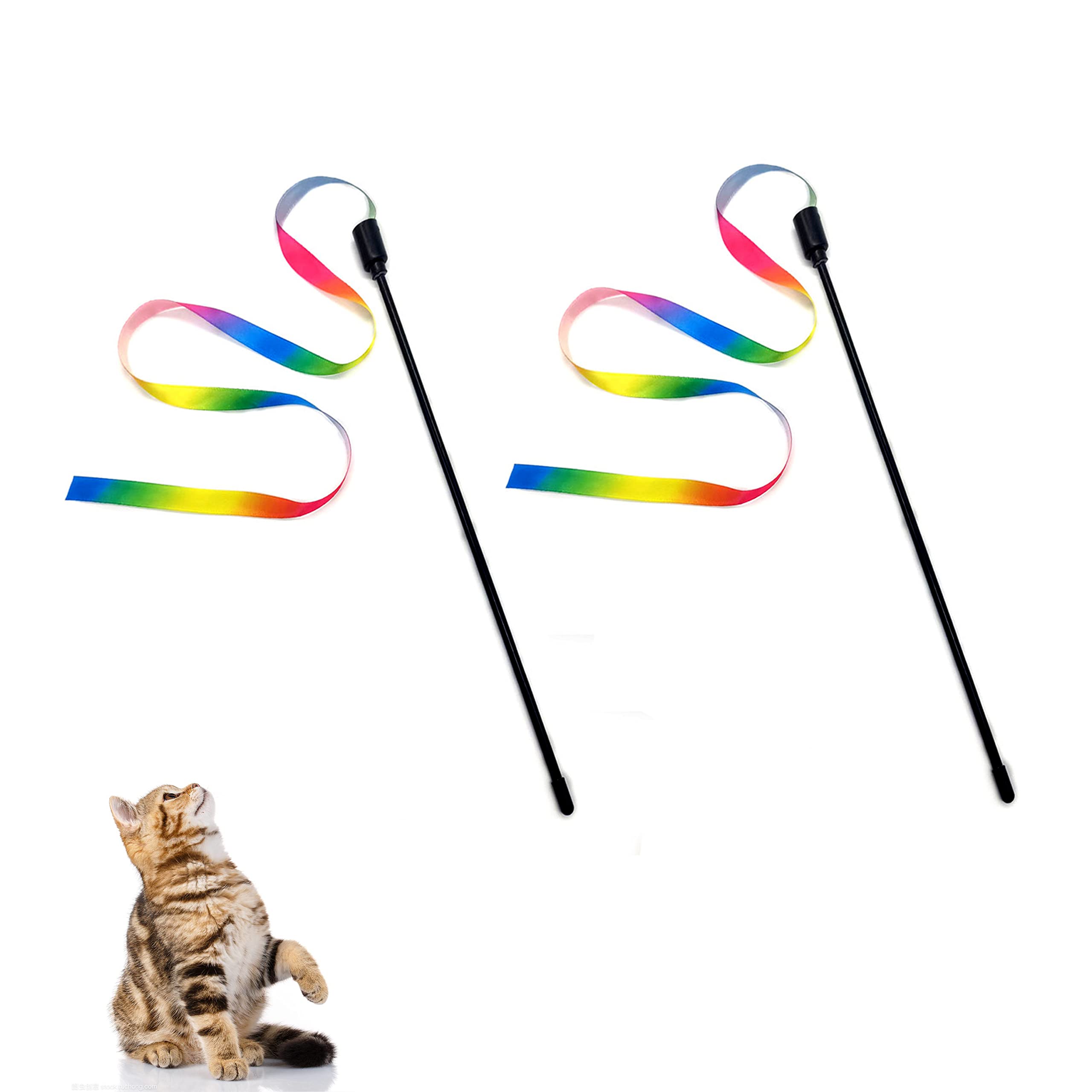 Cretty-Meet 2pcs Cat Wand Interactive Toy Colorful Fabric Ribbon Rainbow Cat String Toy Cats Teaser Wand for Kitten Exerciser Accessories Cats Training Playing Indoor Pet Interactive Toy
