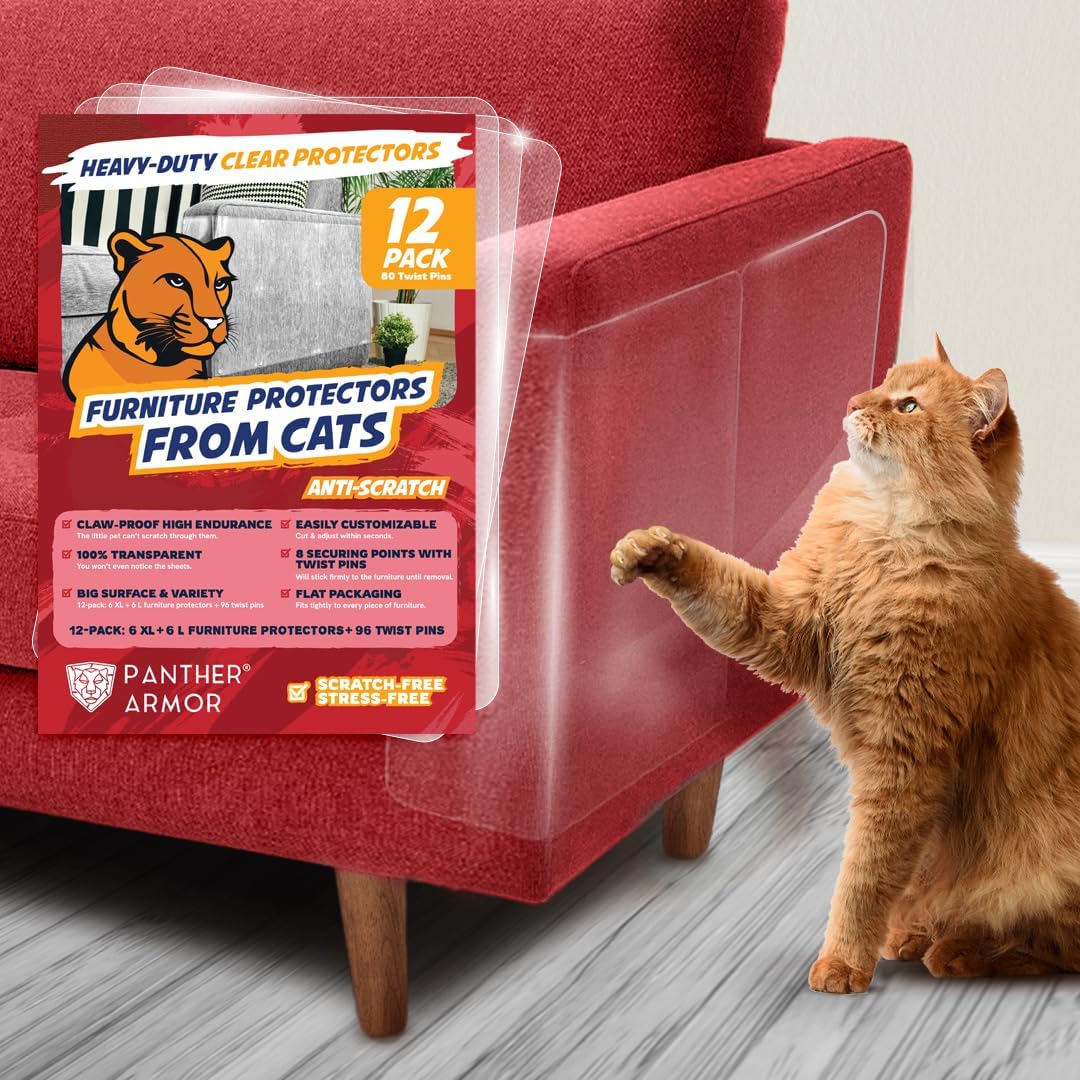 Photo 1 of 12 Pack Cat Scratch Furniture Protector Sheets – Clear Couch & Sofa Guard from Cat Claws – Easy Apply, Removable, with Twist Pins (6 XL + 6 Large)