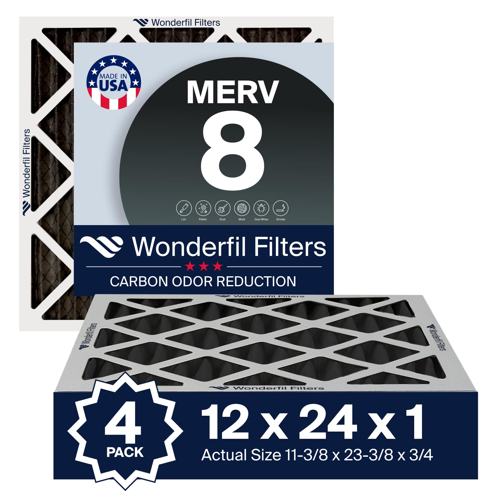 Photo 1 of 12x24x1 Carbon MERV 8 Air Filter (4 Pack) | Wonderfil Filters | Pleated HVAC Design | Perfect Fit for AC & Furnace Systems | Actual Size: 11.38" x 23.38" x 0.75"