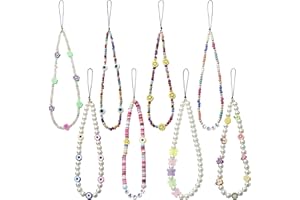 Taouzi 6PCS Beaded Phone Lanyard Wrist Strap Face Beaded Phone Charm Fruit Star Pearl Rainbow Color Beaded Phone Chain Strap for Women Girls
