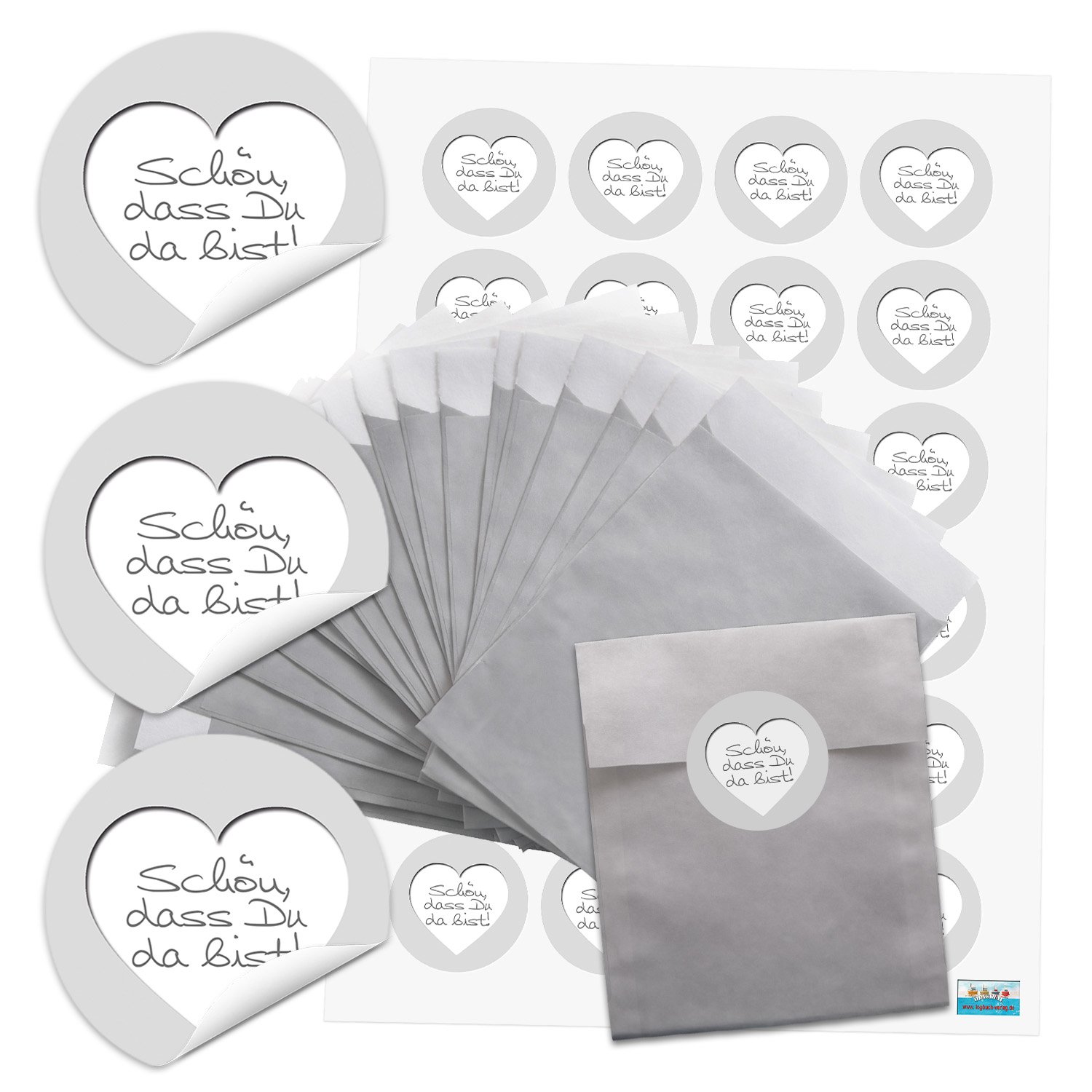 Pack of 24 Small Silver Coloured Gift Bags Small Paper Gift Box (9.5 x 14 cm and 24 Round Sticker/Schön dass du da bist in White Grey