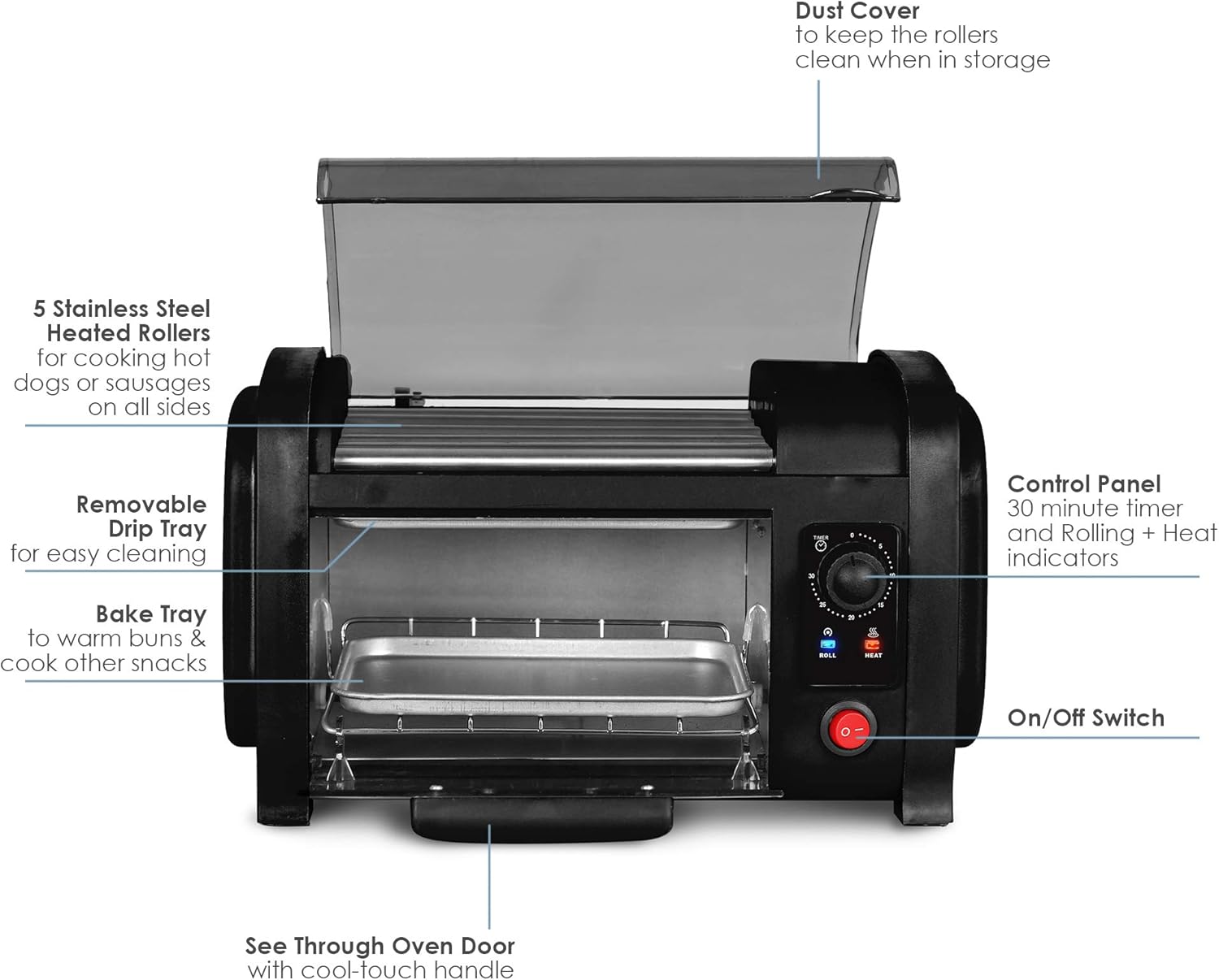 Elite Gourmet EHD-051B Hot Dog Toaster Oven, 30-Min Timer, Stainless Steel Heat Rollers Bake & Crumb Tray, World Series Baseball, 4 Bun Capacity, Black: Kitchen & Dining