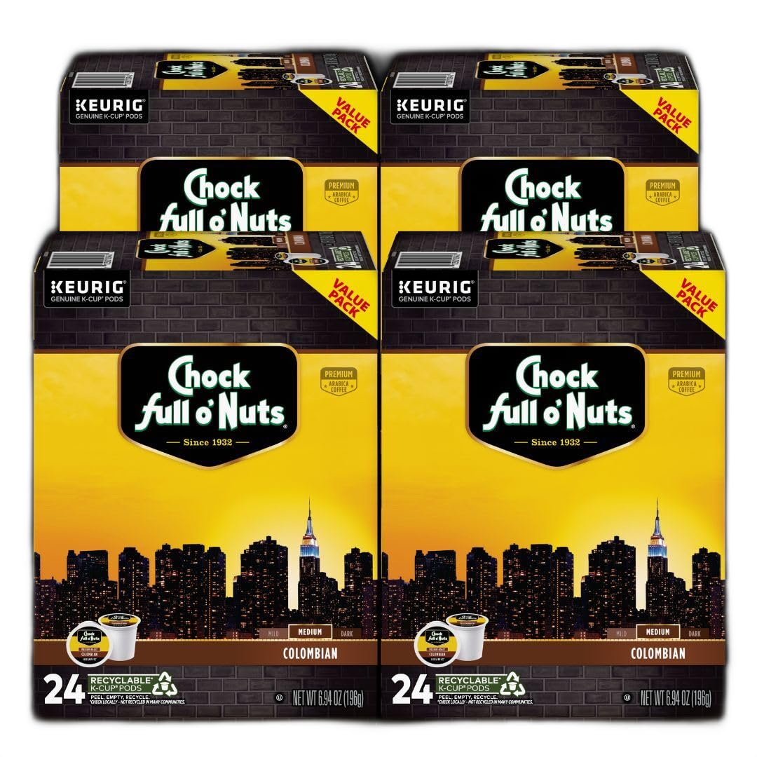 Chock Full o' Nuts Colombian Keurig K-Cup Pods for Keurig Brewers – Premium Arabica, Medium Roast – Single Serve – 4 Packs of 24 K-Cup Pods Image