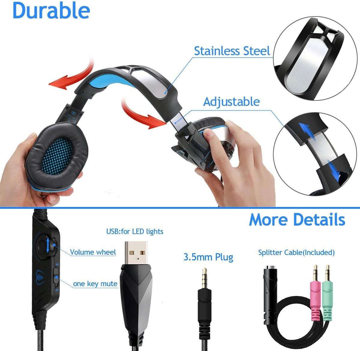 PS4 Gaming Headset with Mic, Beexcellent Newest Deep Bass Stereo Sound Over Ear Headphone with Noise Isolation LED Light for PC Laptop Tablet Mac (Blue): Computers & Accessories