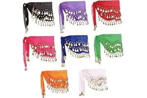 Vistnale Belly Dance Hip Scarf 8Pcs 8 Color 55 Inch Chiffon Belly Dance Skirt for Women with Gold Coin Decorative Hip Scarf f