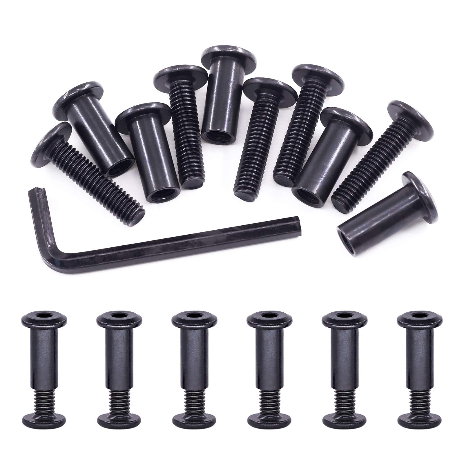 Swpeet 25Pcs M6x25mm Carbon Steel Black Hex Drive Socket Cap Bolts Barrel Nuts Assortment Kit with 1Pcs Allen Wrench, Screw Post Fit for Furniture Countsunk Belt Buckle Leather Binding Bolts — image 1