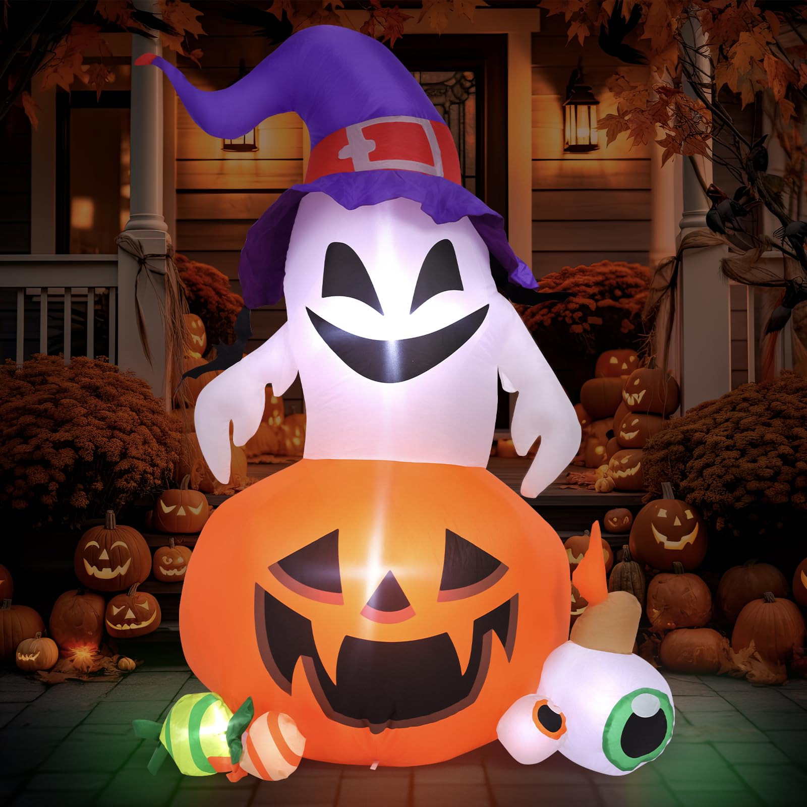 Photo 1 of 5FT Halloween Inflatable Outdoor Decoration Pumpkin Ghost with Built-in LEDs Blow Up for Halloween Party Holiday Indoor Outdoor Garden Lawn Yard Decorations