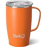 Swig Life 18oz Travel Mug, Insulated Tumbler with Handle and Lid, Cup Holder Friendly, Dishwasher Safe, Stainless Steel, Travel Coffee Cup (Orange)