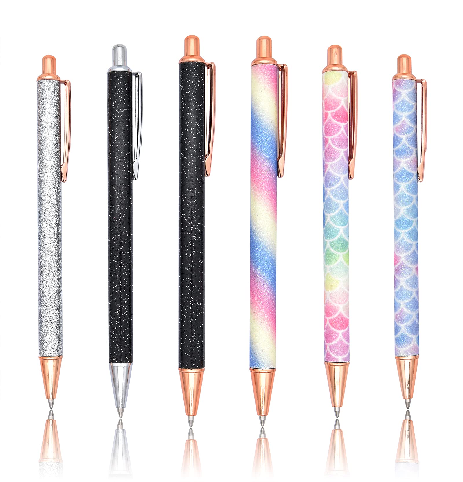 Gullor 6 Pieces Glitter Metal Black Ink Retractable Ballpoint Pen Bling Rose Gold Clip for School Business Office, Style B