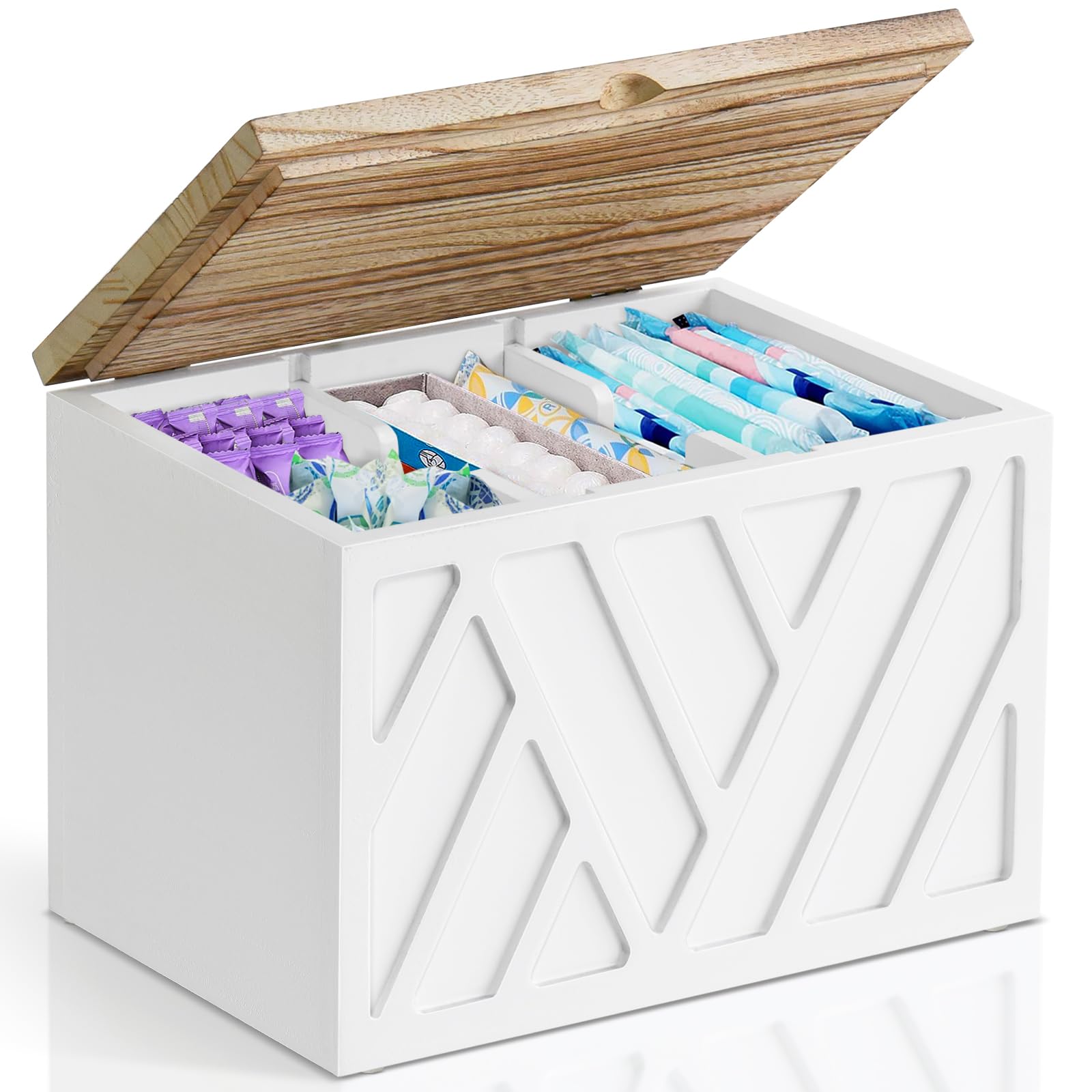 Photo 1 of Tampon Holder for Bathroom Decor, Feminine Product Organizer with Lid, Shark Week Tampon Storage, Wood Pad and Tampon Organizer for Toilet Organizer, Bathroom Accessories Box for Girl Stuff