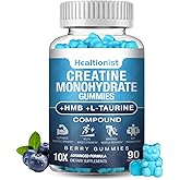 Healtionist 1 Pack 8000MG Creatine HMB Monohydrate Gummies for Men & Women,L-Carnitine, L-Taurine & Vitamin B6 12, 90 Blueberry Flavor Counts Supplement Gummies (30-Day Supply)