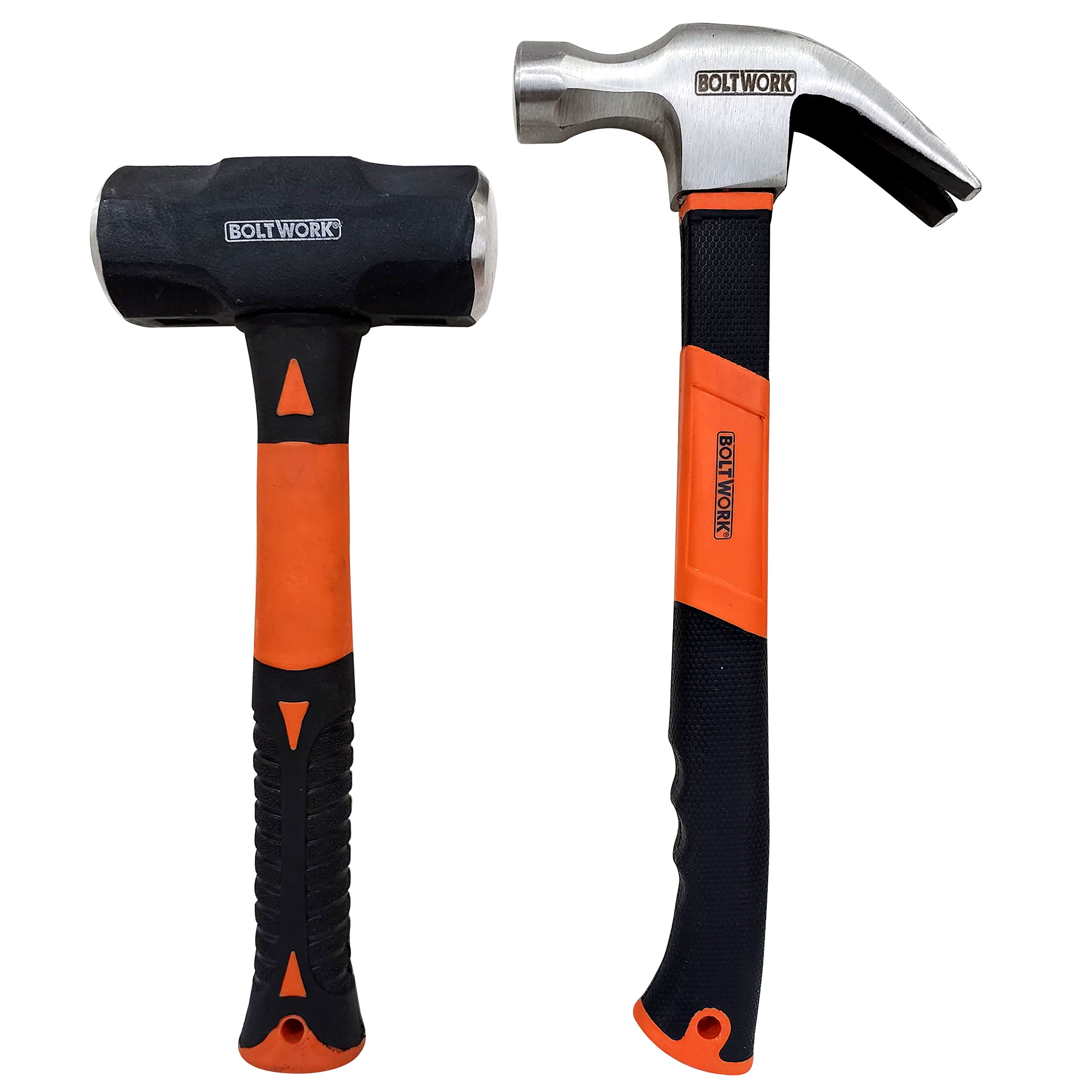 BOLTWORK 2pc Hammer Set Claw Hammer 16oz Sledge Hammer 4lb/1.8kg Drop Forged with Fiber Glass Shaft Rubber Grip Handle Hardened Anti Slip Handle Professional Tradesman Quality