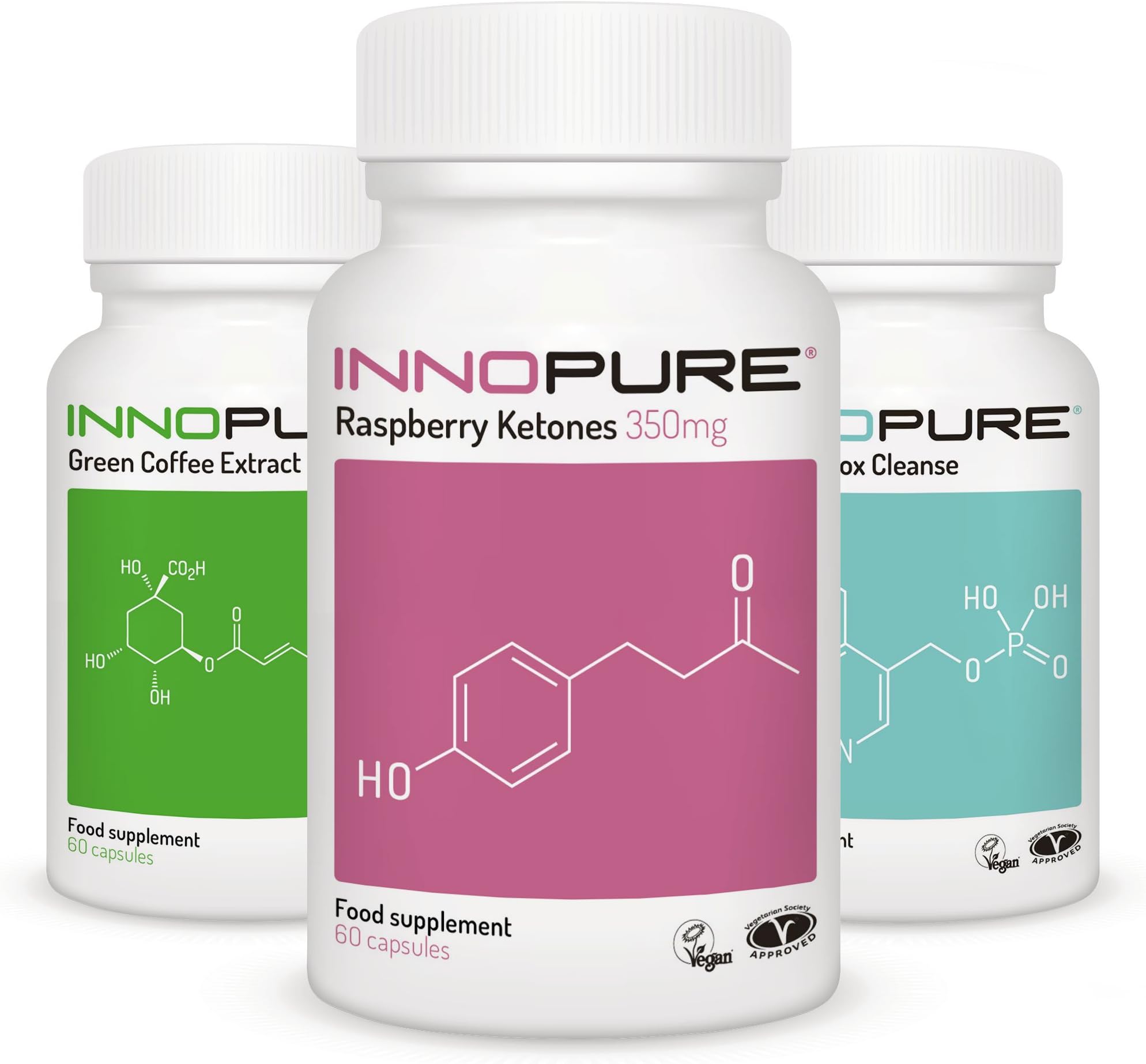 Pure Raspberry Ketones, Green Coffee Bean & Detox Colon Cleanse Multi-Saver Pack| Vegan, Vegetarian Society Approved | 1 Month Supply