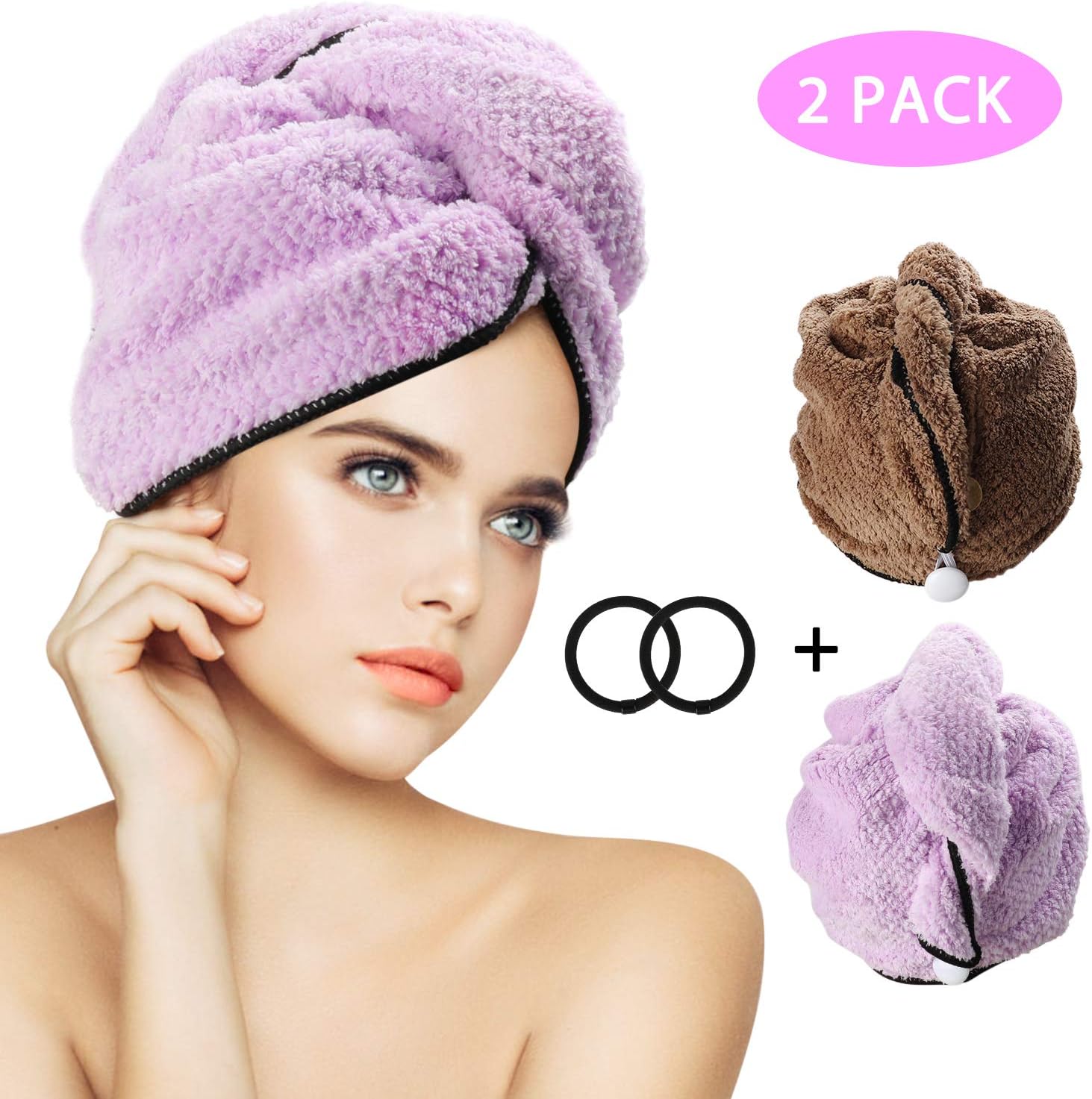 Magicfun Hair Towel, Hair Turban Towel with Double Button Design, Hair Bands Super Absorbent, Microfiber Hair Drying Towel, Head Wrap 2 Pack for Women Girls Kids(Brown Purple)