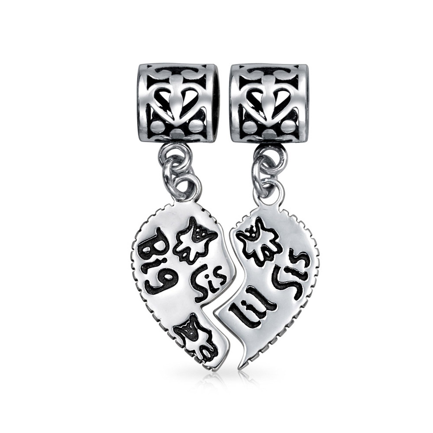 BFF Big Sis Little Sis Puzzle 2 Piece Split Heart Sisters Bead Charm For Teen .925 Sterling Silver Fit European Bracelet