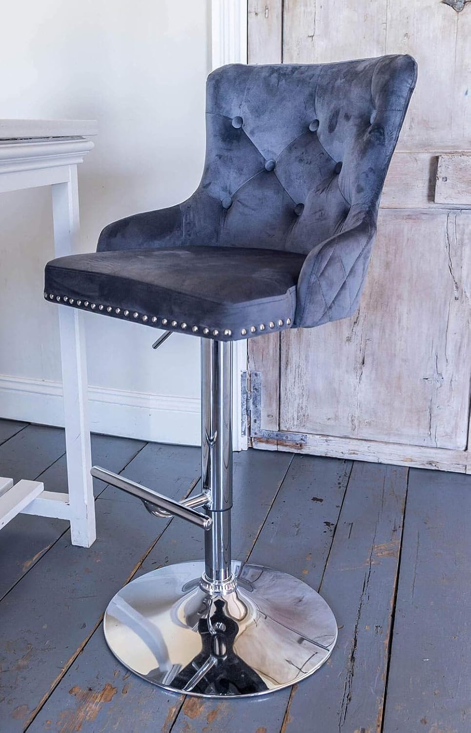 Bar Stool Swivel Gas Lift Luxury Grey Velvet Metal Base T Bar Breakfast