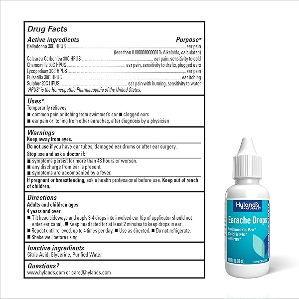 HYLAND’S EARACHE DROPS, NATURAL RELIEF OF SWIMMER’S EAR, COLD AND FLU, ALLERGY SYMPTOMS, AGES 4 AND UP, DAY AND NIGHT, 0.33 FL OZ