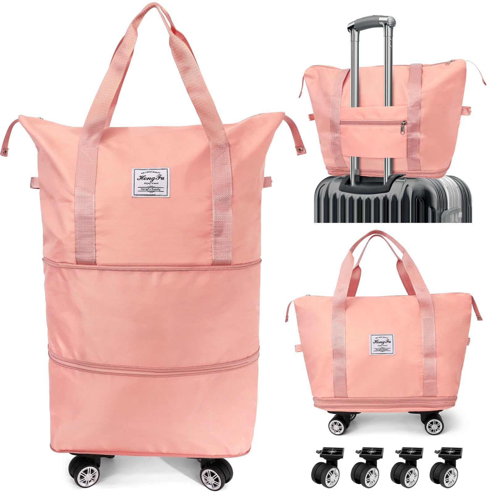 Photo 1 of **WHEELS MISSING***Ranslen Expandable Duffle Bag with Wheels and Handle for Travel, Detachable Rolling Wheels, Carry-on Large Duffel Bag (Pink)