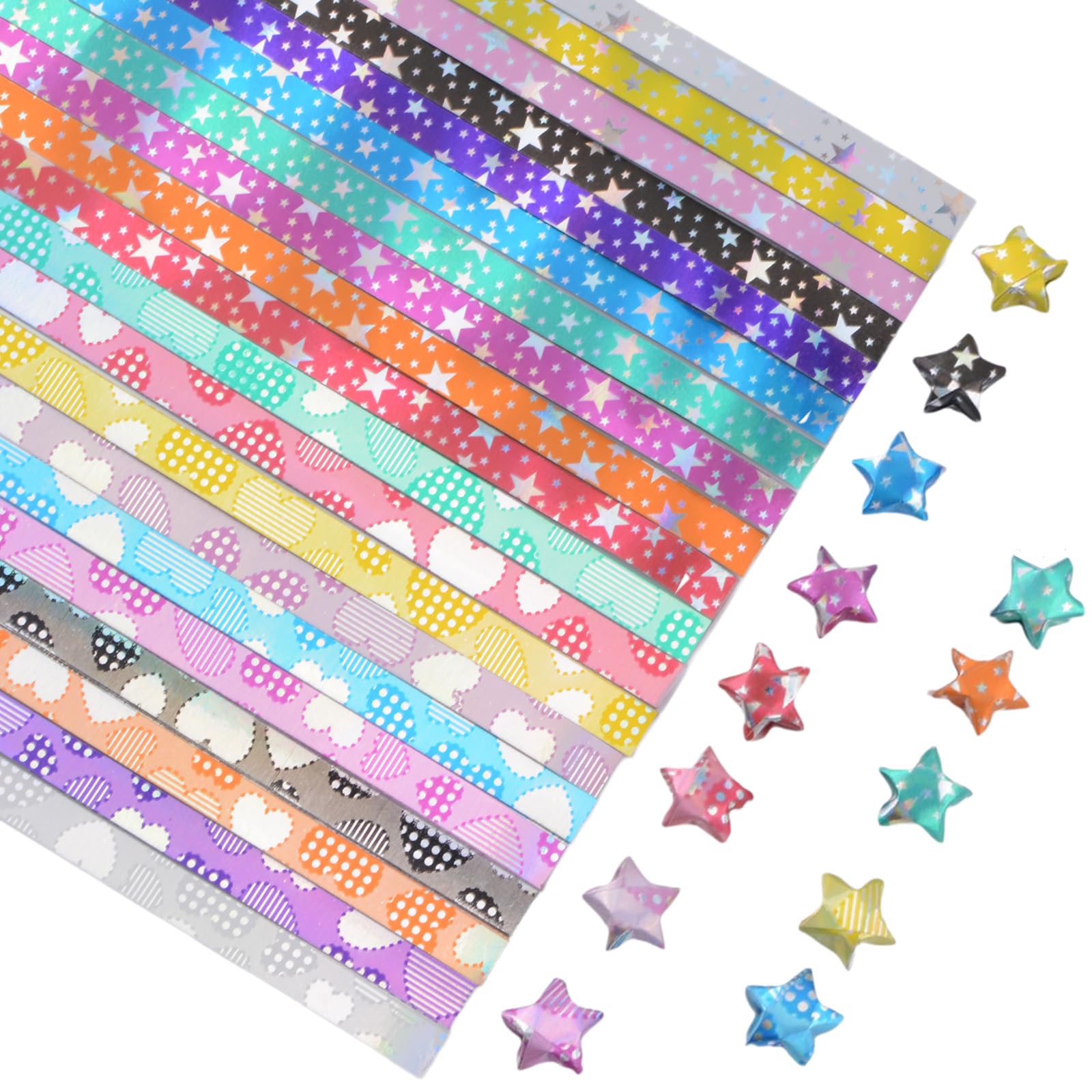 URROMA 540Pcs Heart & Star Pattern Origami Star Paper Strips Glitter Colorful Print Lucky Star Paper Strips for DIY Handcrafts School Teaching