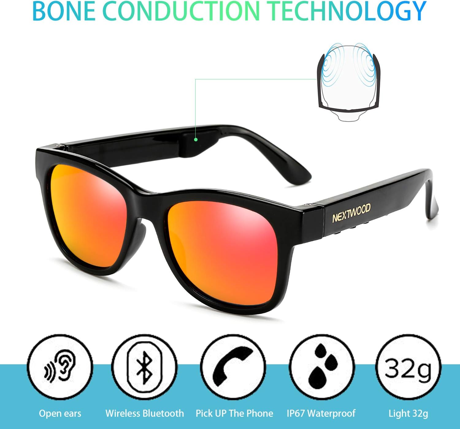 Bluetooth Headphones Wireless Stealth Headphones Glasses Sunglasses Bone Conduction Waterproof Intelligent Songs Artifact 6 Color Microphone Phone (Orange Lens)