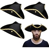 Leumoi 3 Piece Pirate Hats Bulk Colonial America Tricorn with Gold Trimming Revolutionary Pirate Hat(Snap)