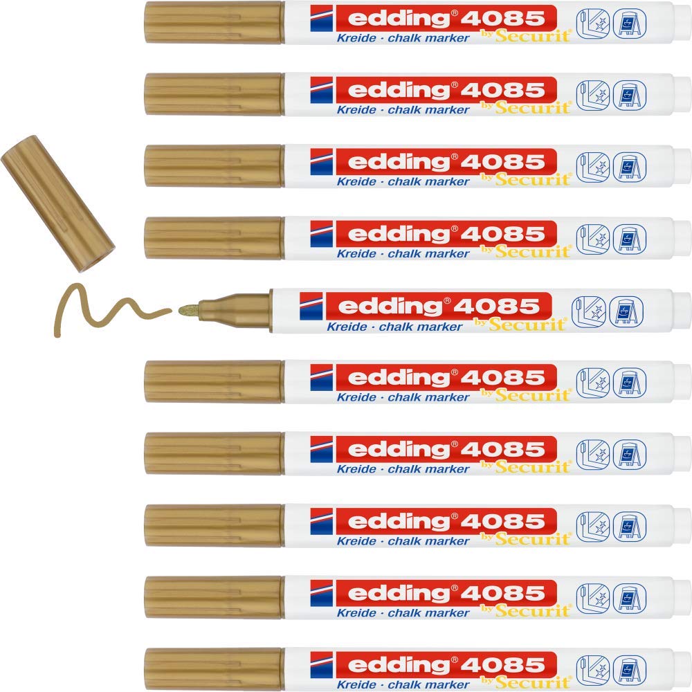 edding 4085 chalk marker - gold - 10 chalk pens - round tip 1-2 mm - fine-tipped wet wipe pen for chalkboards, windows, glass, mirrors - liquid chalk marker pens for opaque coverage