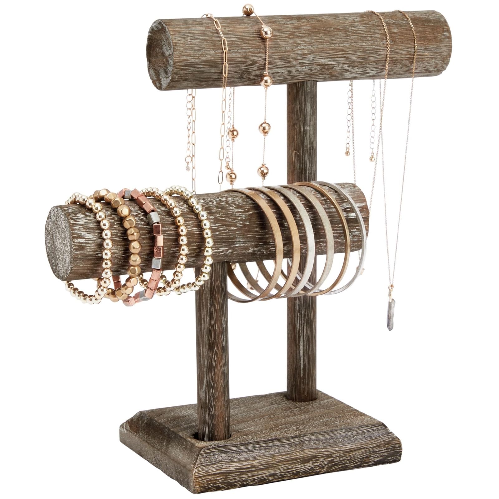Photo 1 of Bright Creations Rustic-Style 2-Tier Jewelry Organizer Stand, Wooden T-Bar Necklace Rack and Bracelet Holder Display for Selling, Bangle, Watch Tower, Rings, Earrings Storage (8x4x9 In)