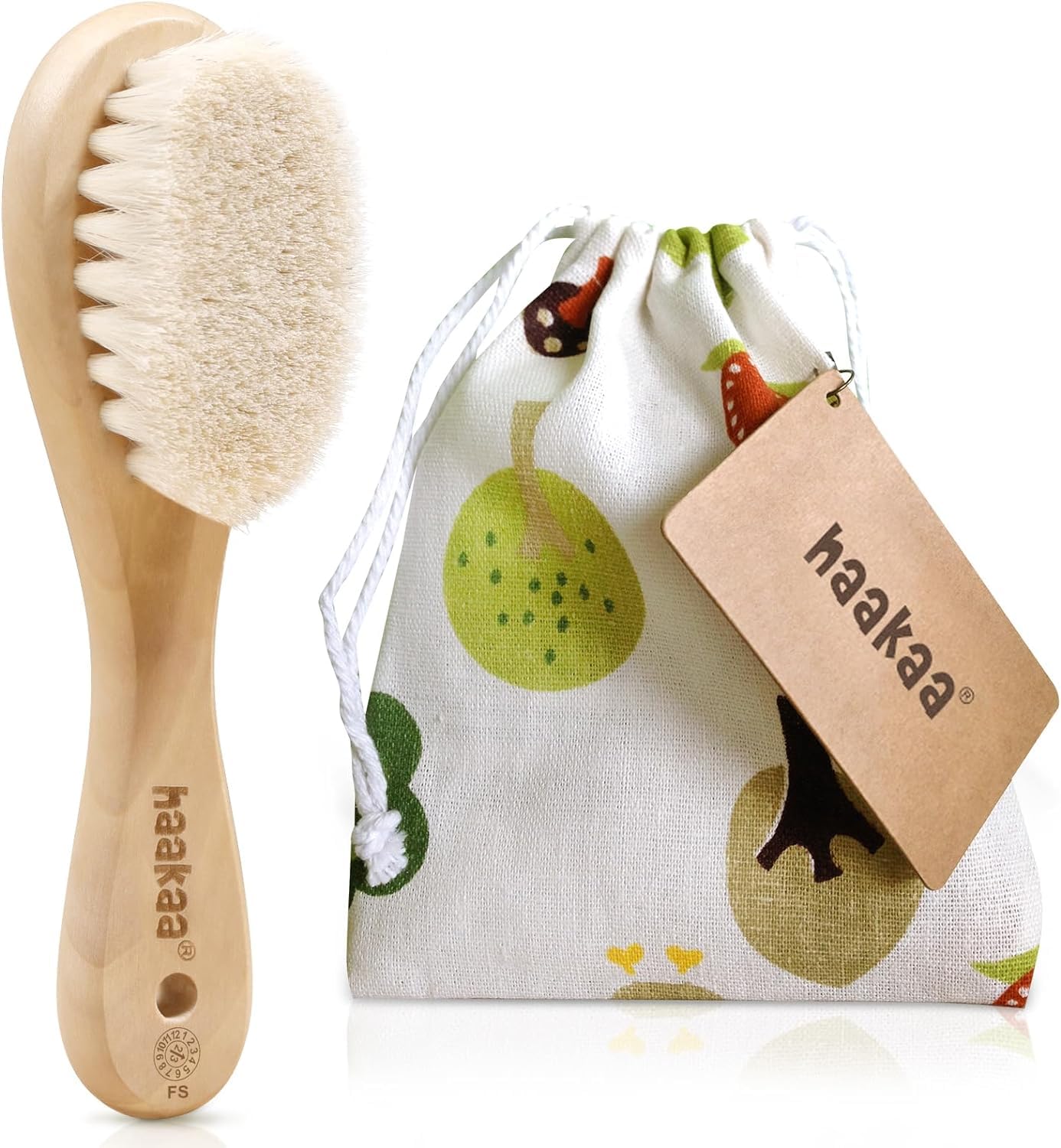 haakaa Wooden Baby Hair Brush for Newborns and Toddlers Baby Brush Natural Soft Wool Bristles Hairbrush, Ideal for Cradle Cap, Perfect Baby Registry Gift with Carry Pouch, 1PC