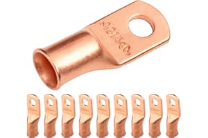 SELTERM 10pcs 2 AWG - 1/4" Stud - Battery Lugs, Heavy Duty Wire Lugs, Ring Terminals, Battery Cable Ends,2 Gauge Terminals, UL Bare Copper Eyelets Electrical Battery Terminal Connectors