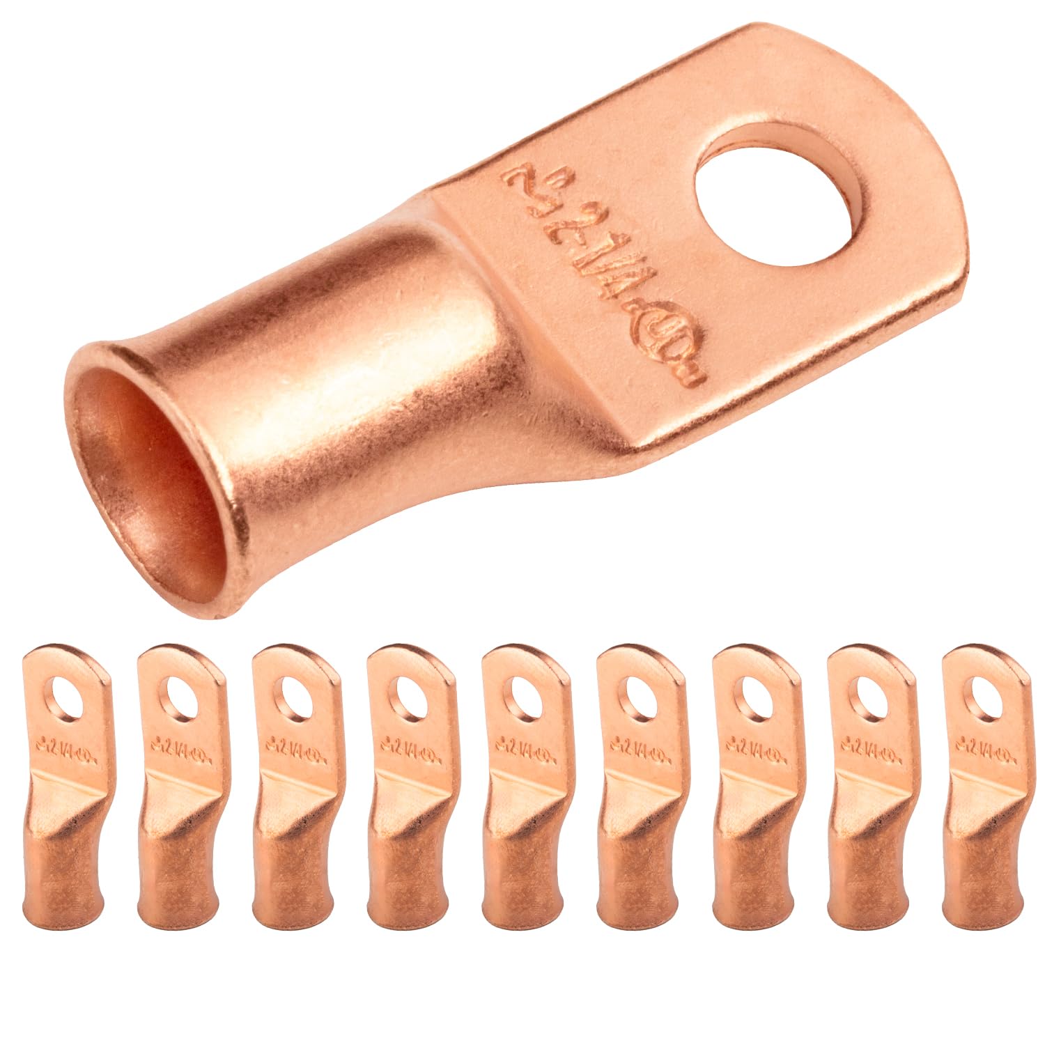 SELTERM 2 AWG (35 mm²) - 1/4" (M6) ⌀ Hole UL Heavy Duty Wire Lugs, Battery Cable Ends, Bare Copper Eyelets, Tubular Ring Terminal Connectors [B45] - 10 Pack
